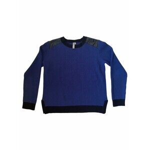 SI-AE 100% Cashmere Blue Ribbed Sweater with Perforated Leather Trim Size L